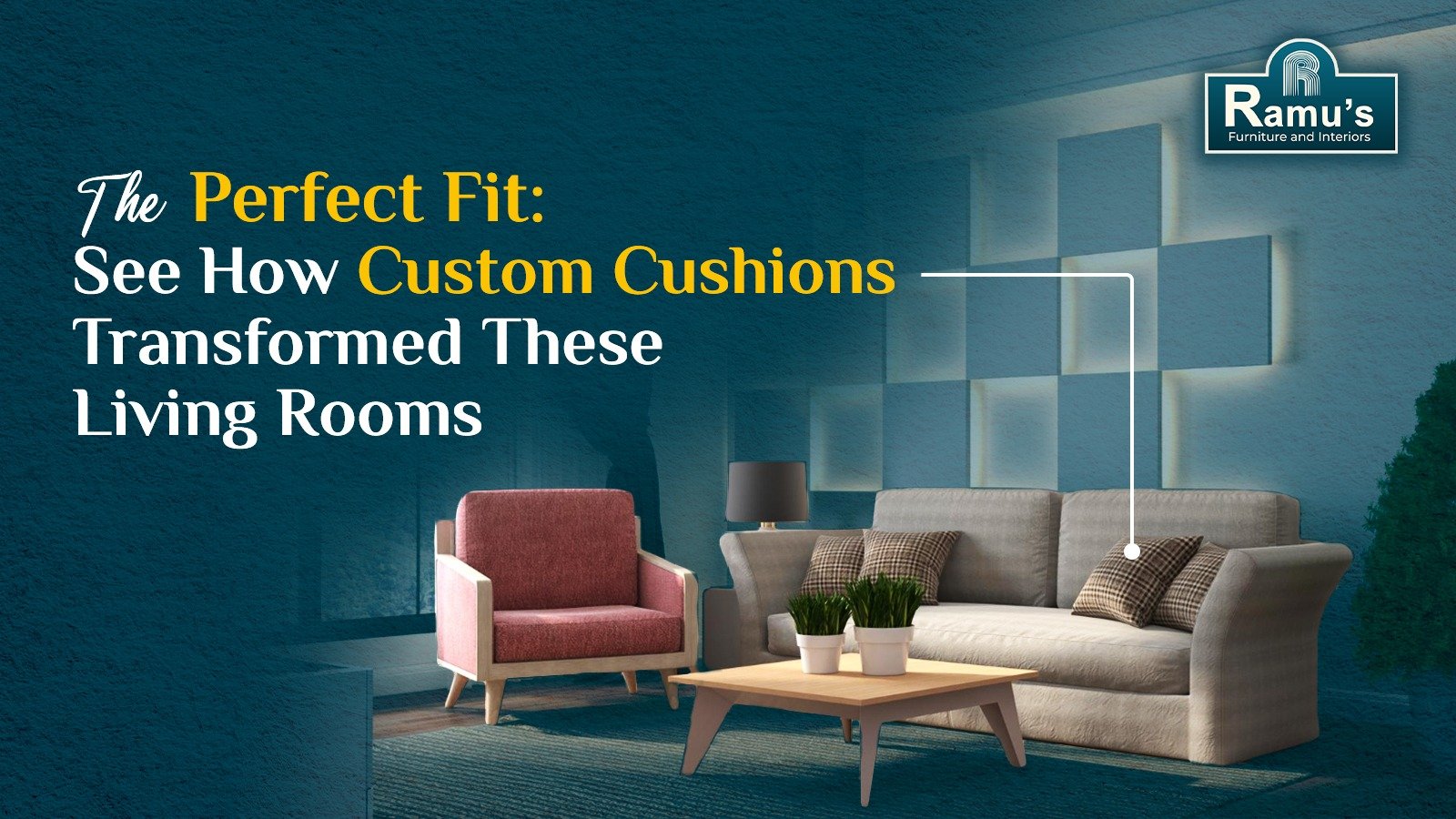Modern living room with sofa and custom cushions by sofa manufacturers in Bangalore.
