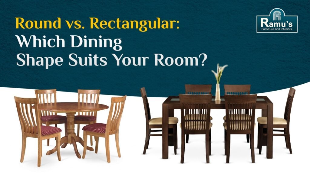 Comparison of round and rectangular wooden dining tables with chairs for different room layouts